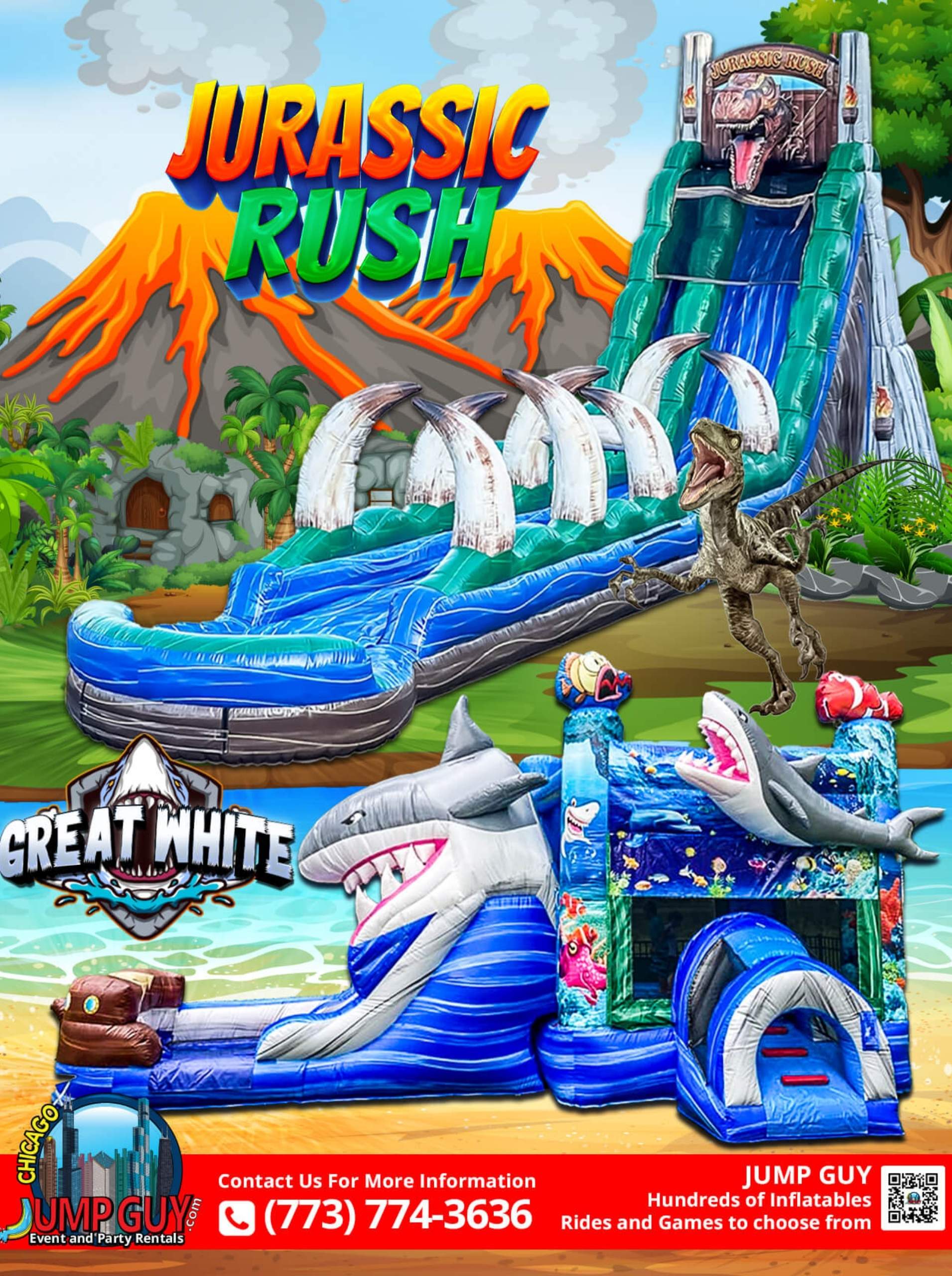 Great White Shark 27ft bounce slide combo and Jurassic Rush 22ft single lane inflatable water slide rental side by side comparison in Naperville IL