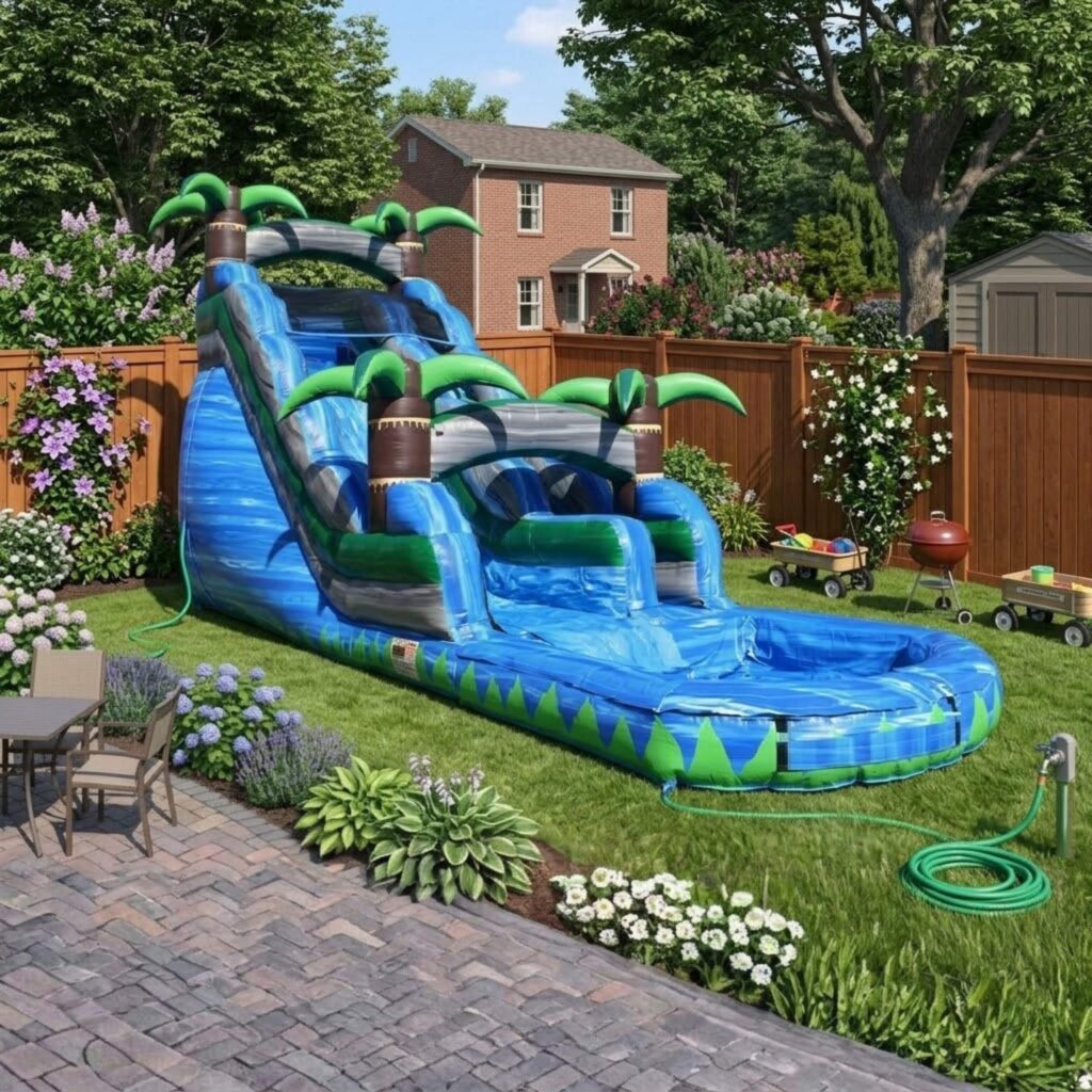 20-foot Blue Crush single lane inflatable water slide rental for backyard birthday parties in Naperville IL 60540 60563