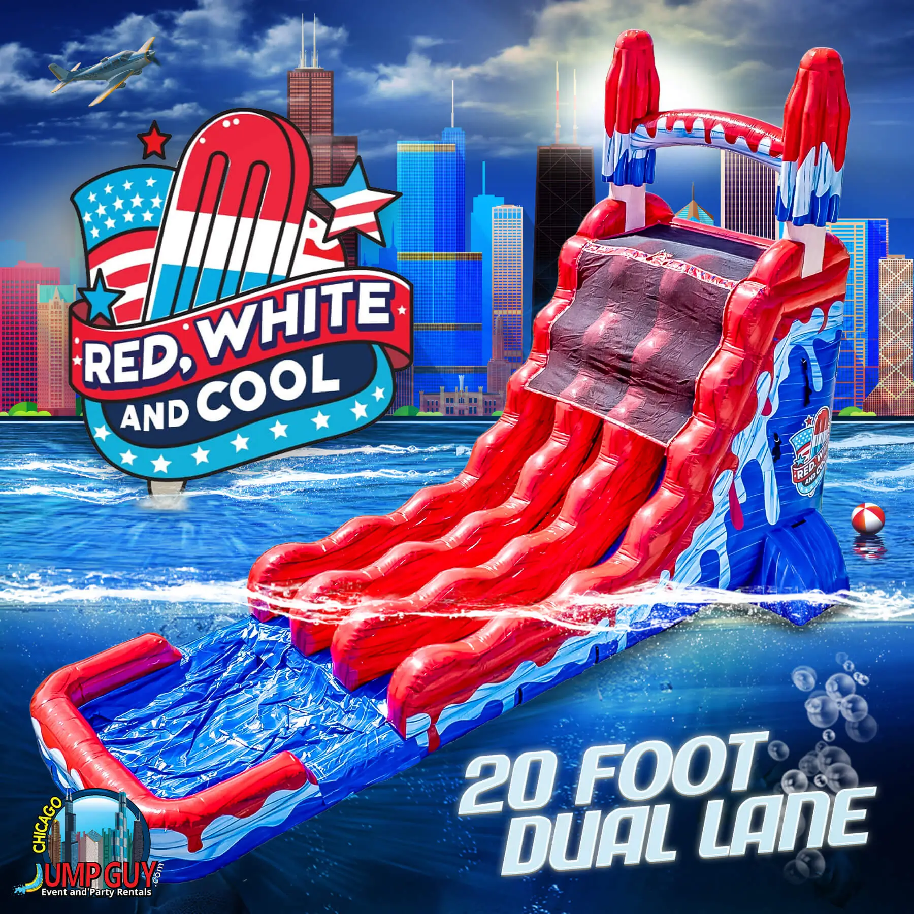 20-foot Red White and Cool dual lane inflatable water slide rental for Naperville IL parties