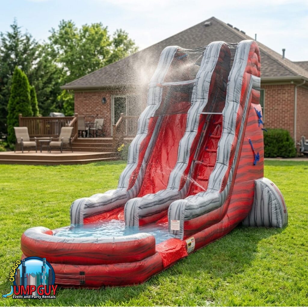 22-foot Red Rock Falls dual lane water slide set up at a Naperville IL park district event