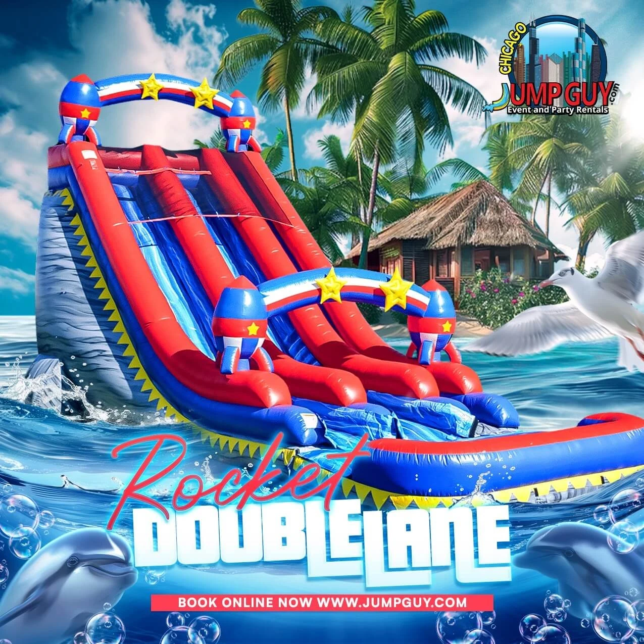 22-foot Rocket dual lane dry slide inflatable rental for Naperville IL school carnivals and parties