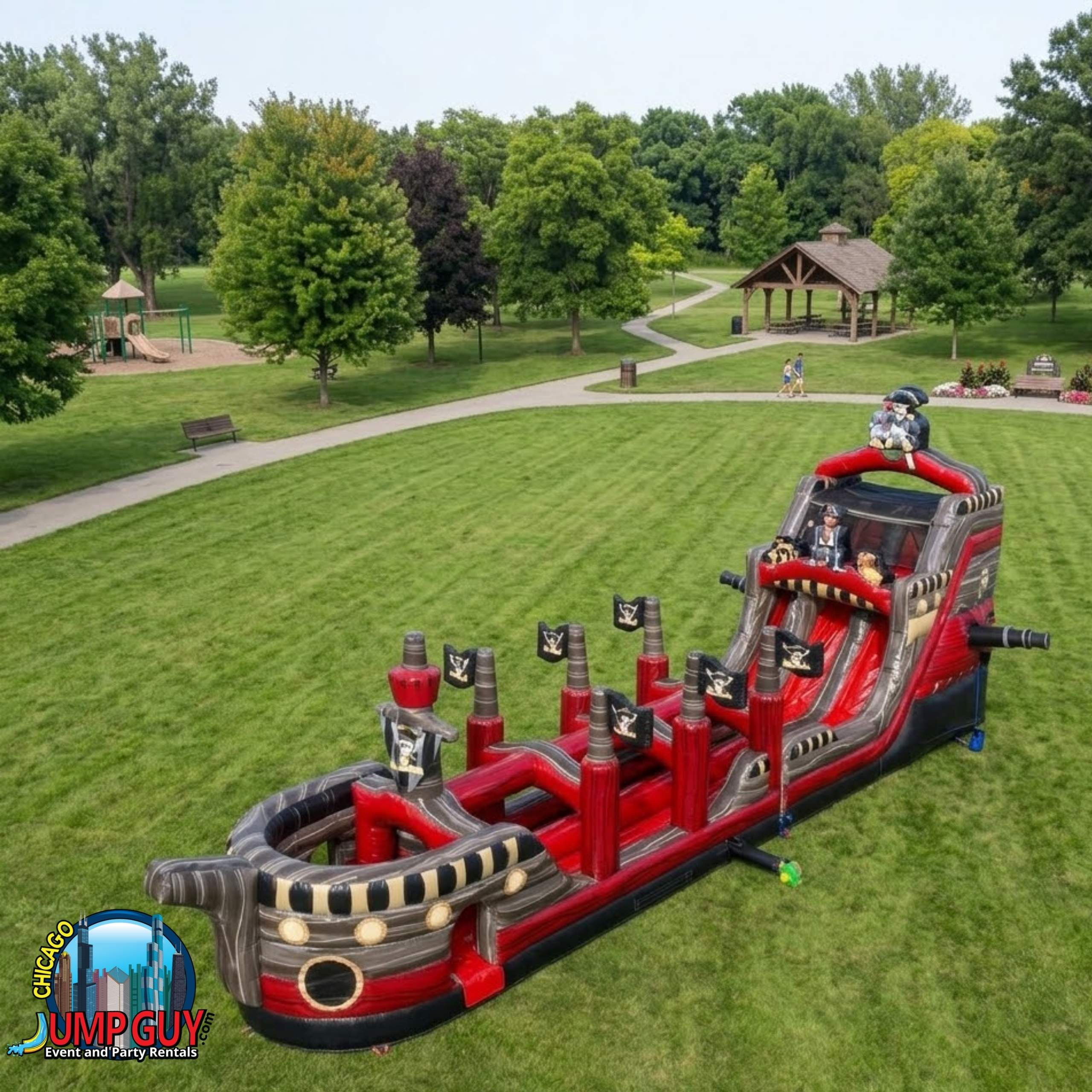 Black Pearl 22ft dual lane pirate-themed inflatable water slide rental for Naperville IL parties