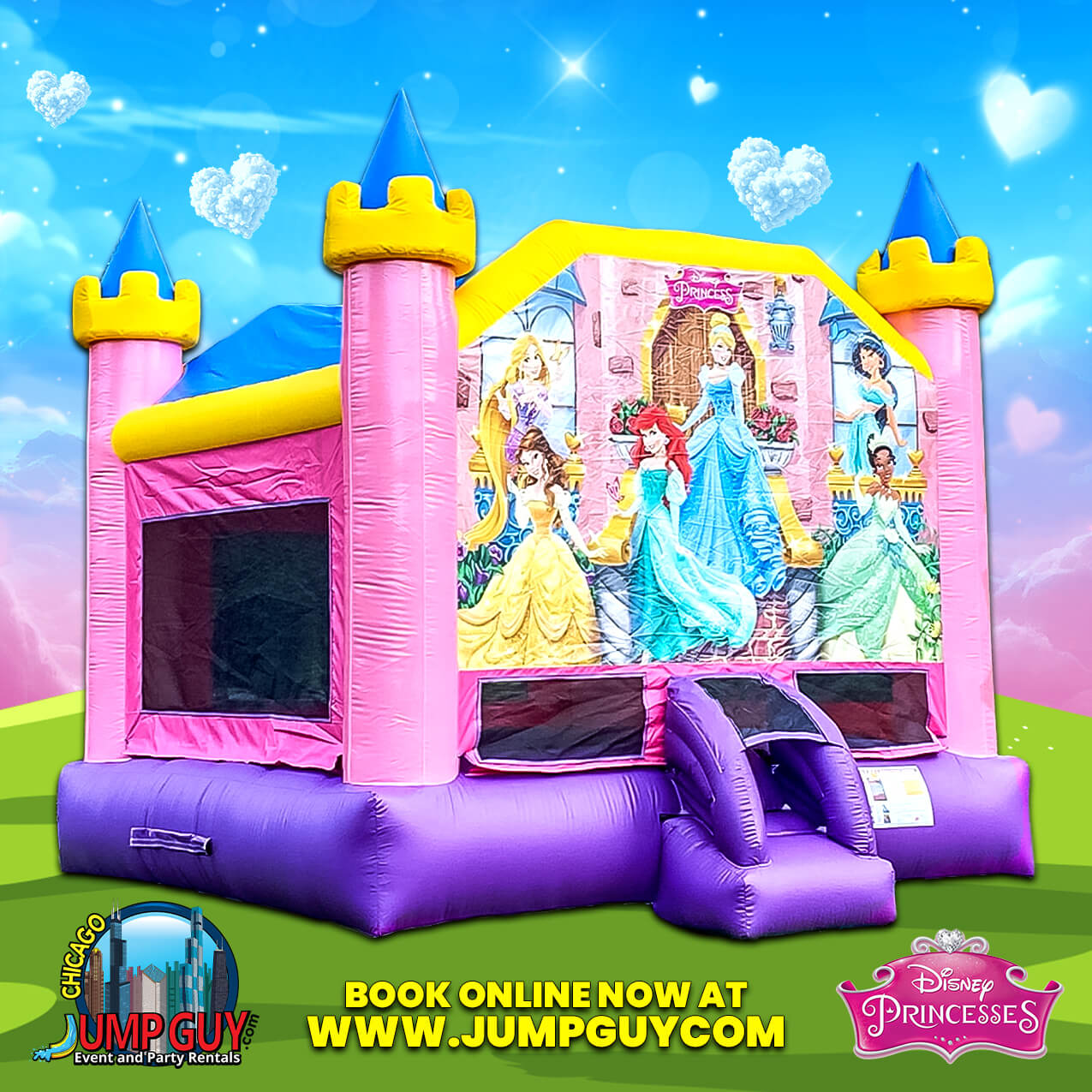 Disney Princess bounce house rental category card for Naperville IL birthday parties