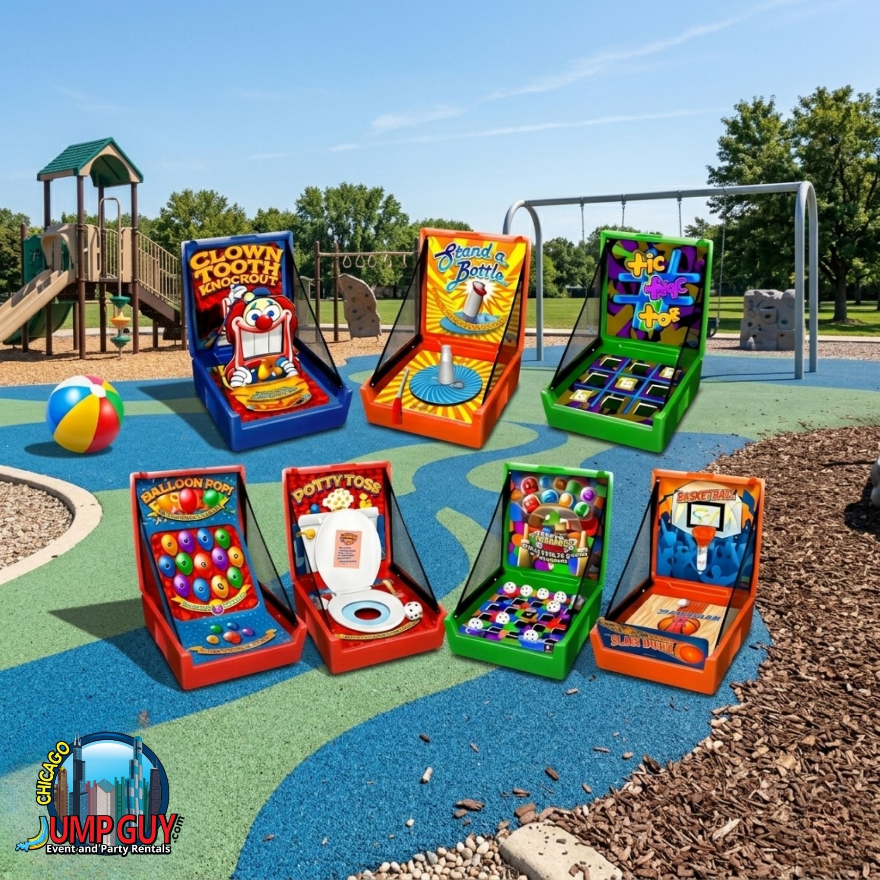 Carnival Case Game Package with 10-plus game stations set up outdoors in Naperville IL