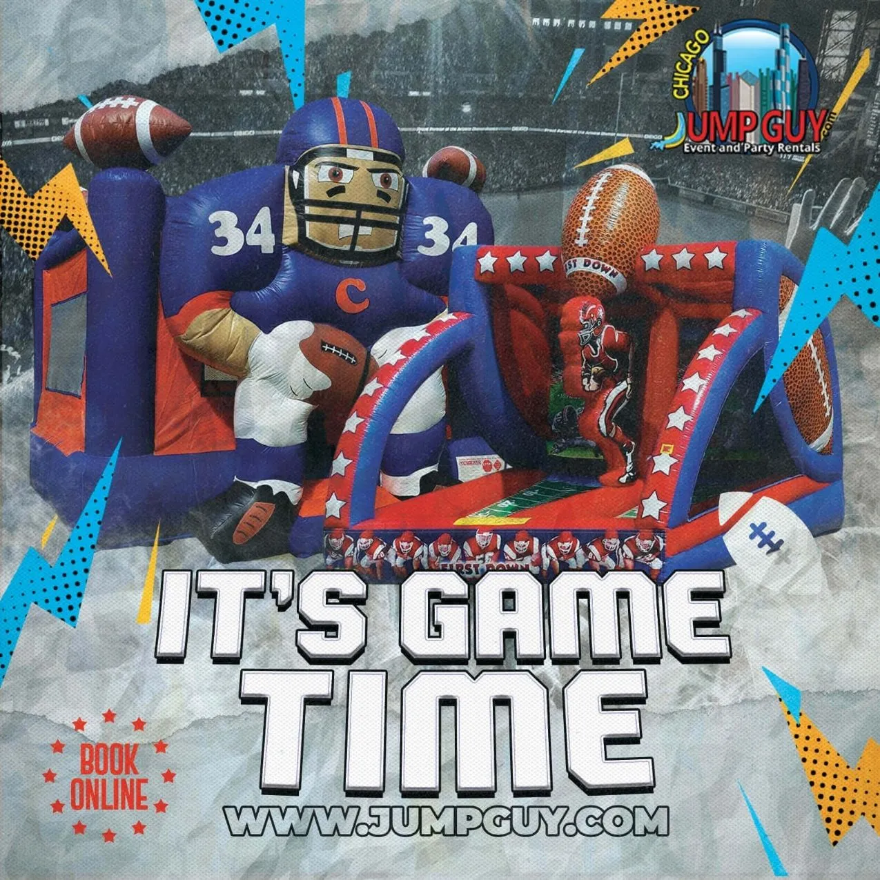 Jump Guy inflatable sports carnival games set up safely at a Naperville IL park district event