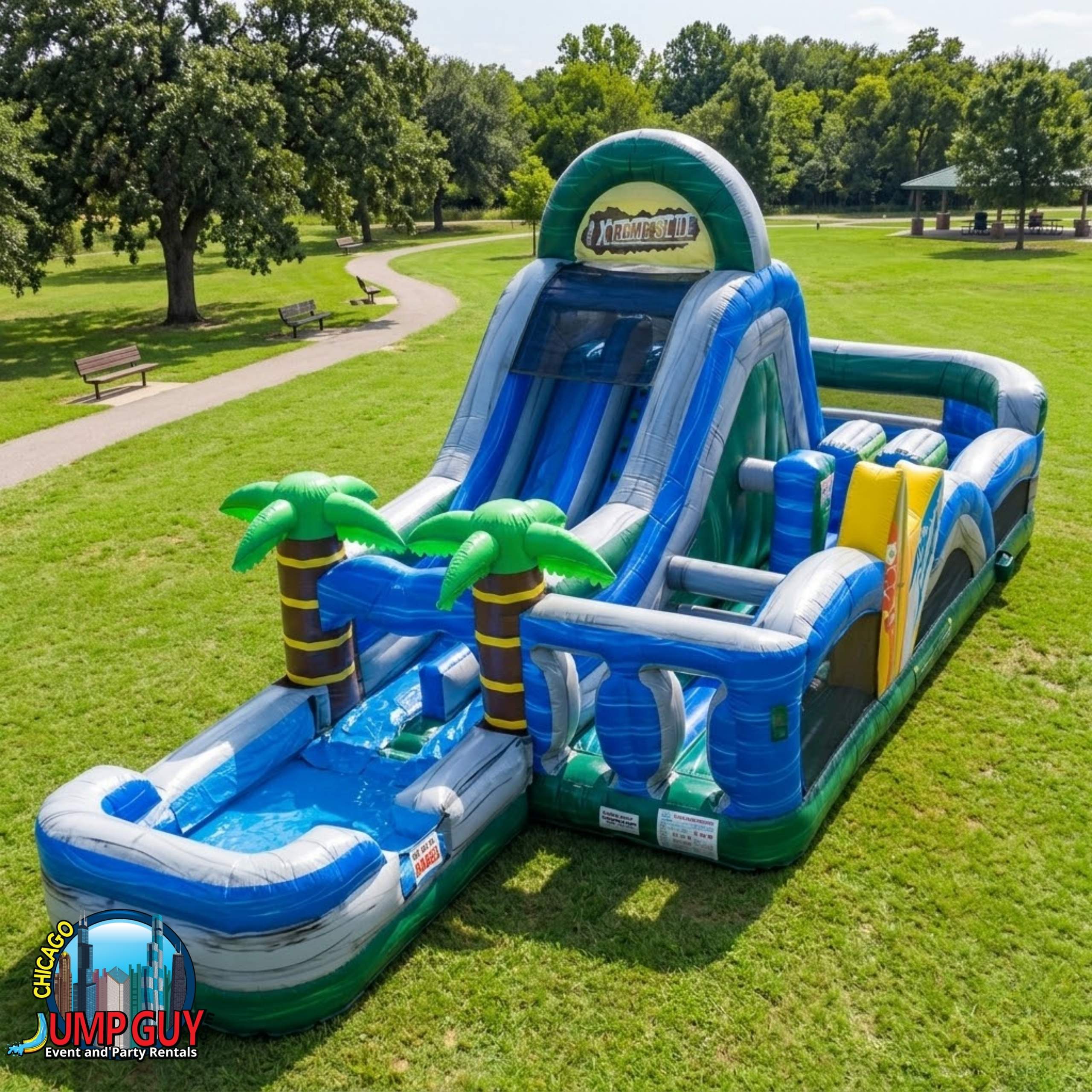 Extreme obstacle course and water slide wet combo inflatable rental for Naperville IL corporate and school events