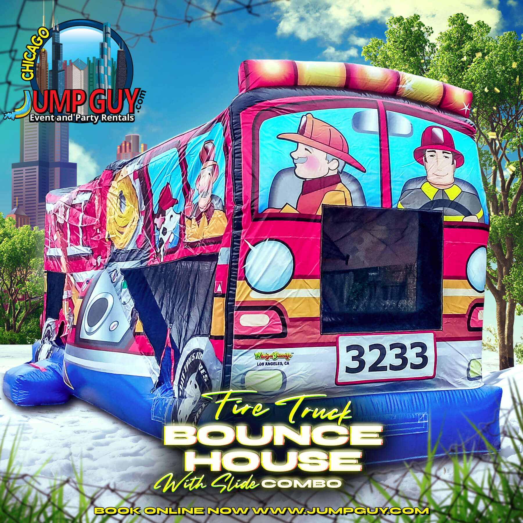 Fire Truck bounce house and slide combo inflatable rental for Naperville IL school events and birthday parties