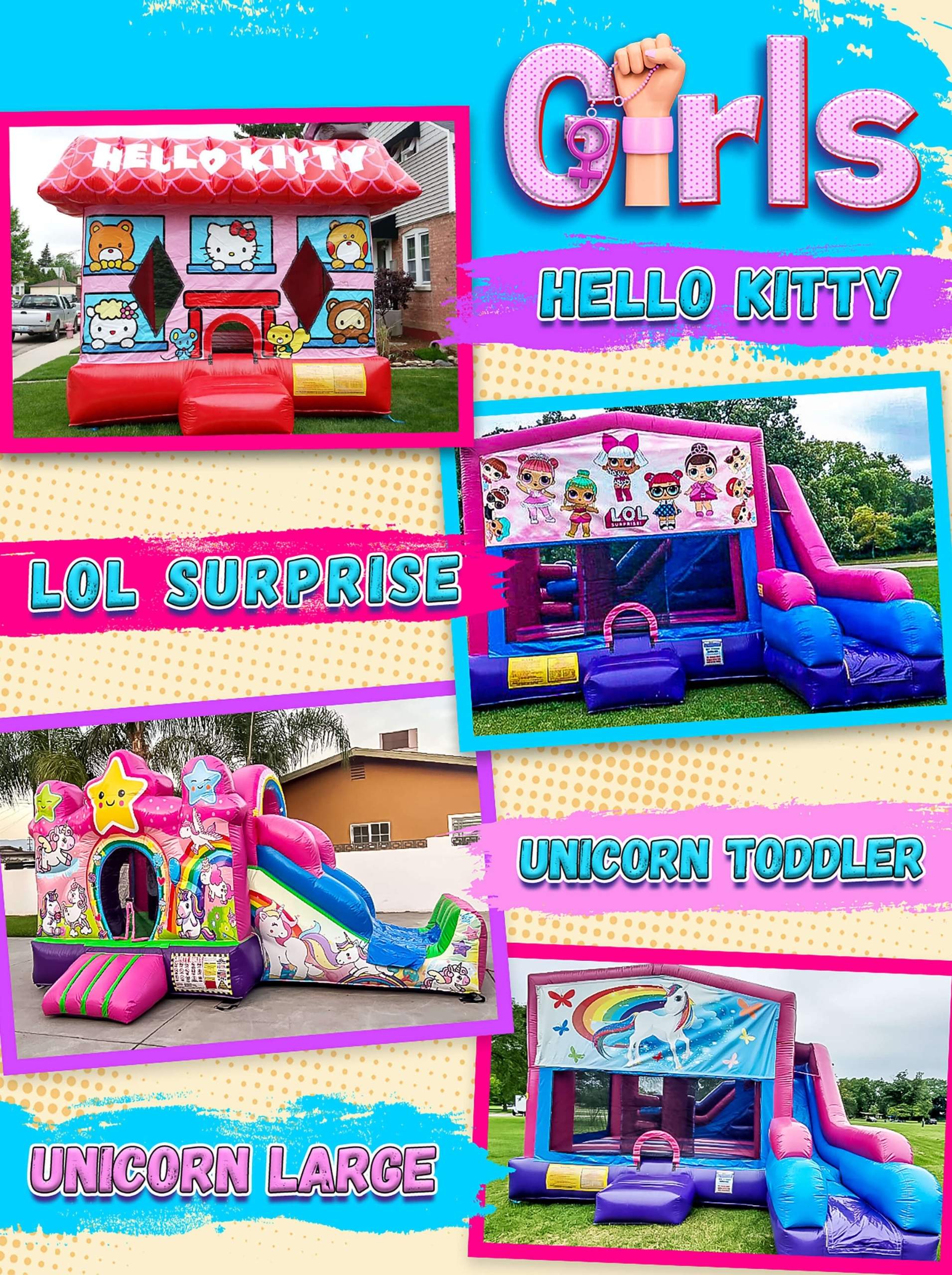 Girls themed bounce houses including Hello Kitty, LOL Surprise, and Unicorn inflatables for Naperville IL parties