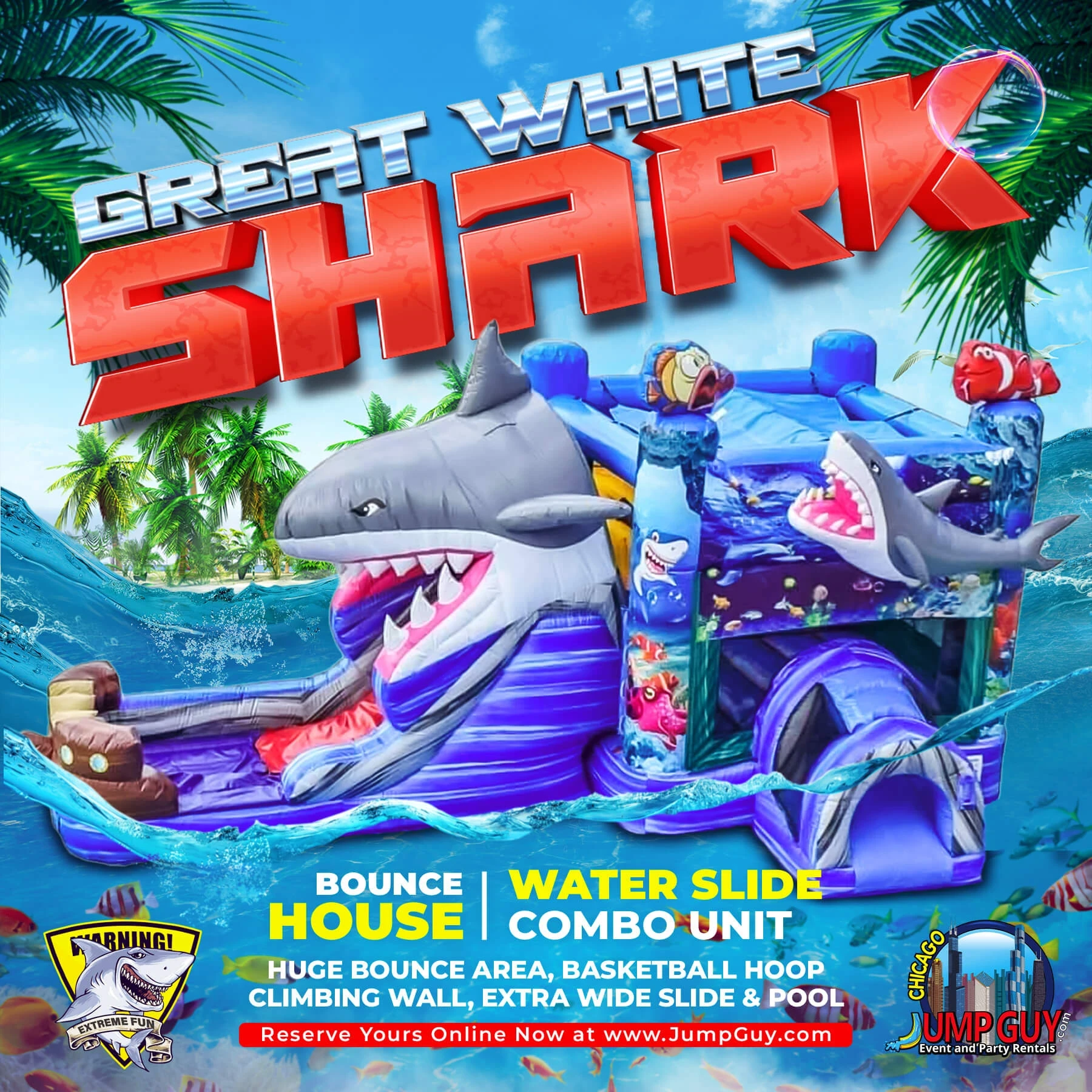 Great White Shark inflatable bounce house and water slide combo rental in Naperville IL