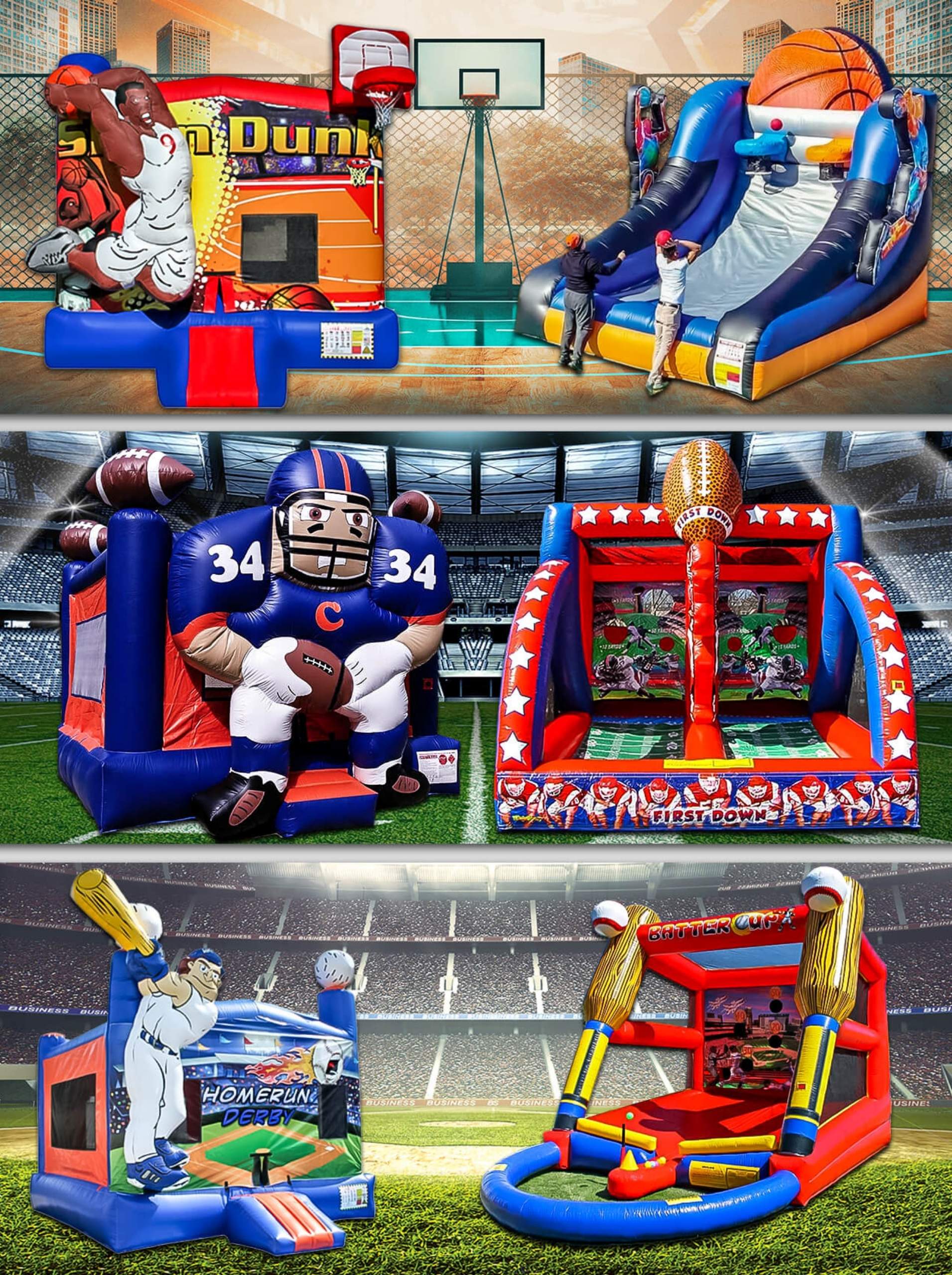 Collage of inflatable bounce houses, carnival games, and interactive rentals available in Naperville IL