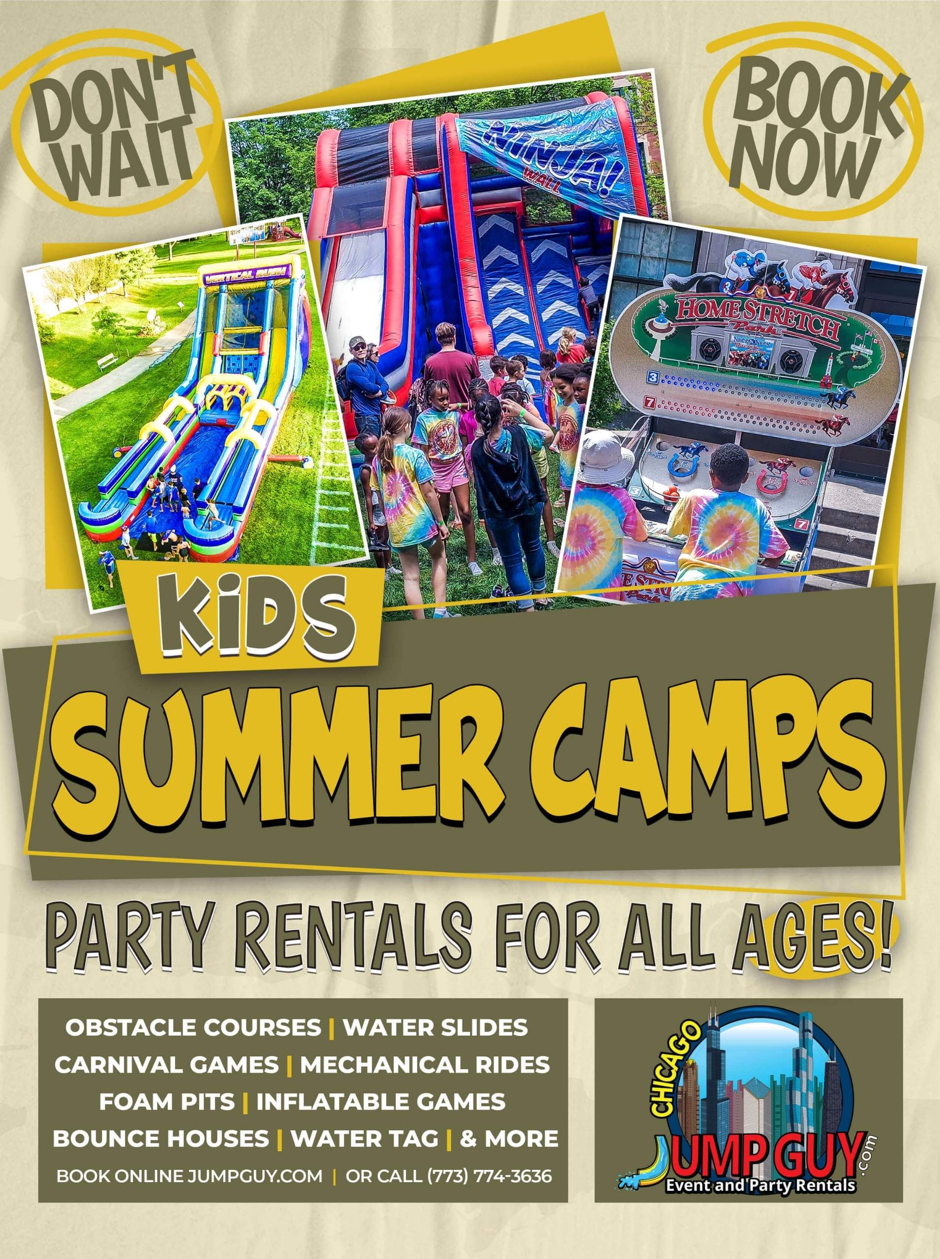 Jump Guy party rentals Naperville IL summer camps promotional banner — bounce houses, water slides, carnival games