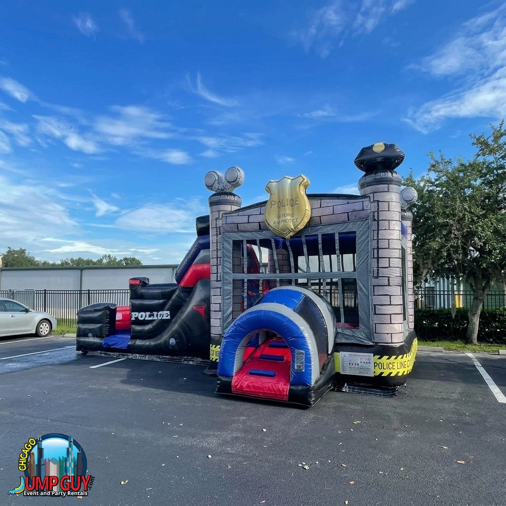 Police Station bounce house and water slide combo wet rental for Naperville IL birthday parties in 60565