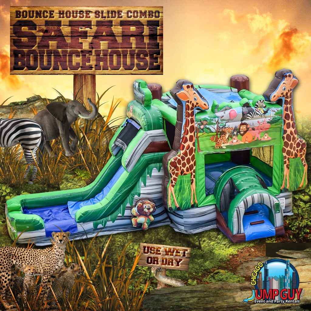 Safari bounce house and slide combo inflatable rental for Naperville IL school carnivals and large backyard parties