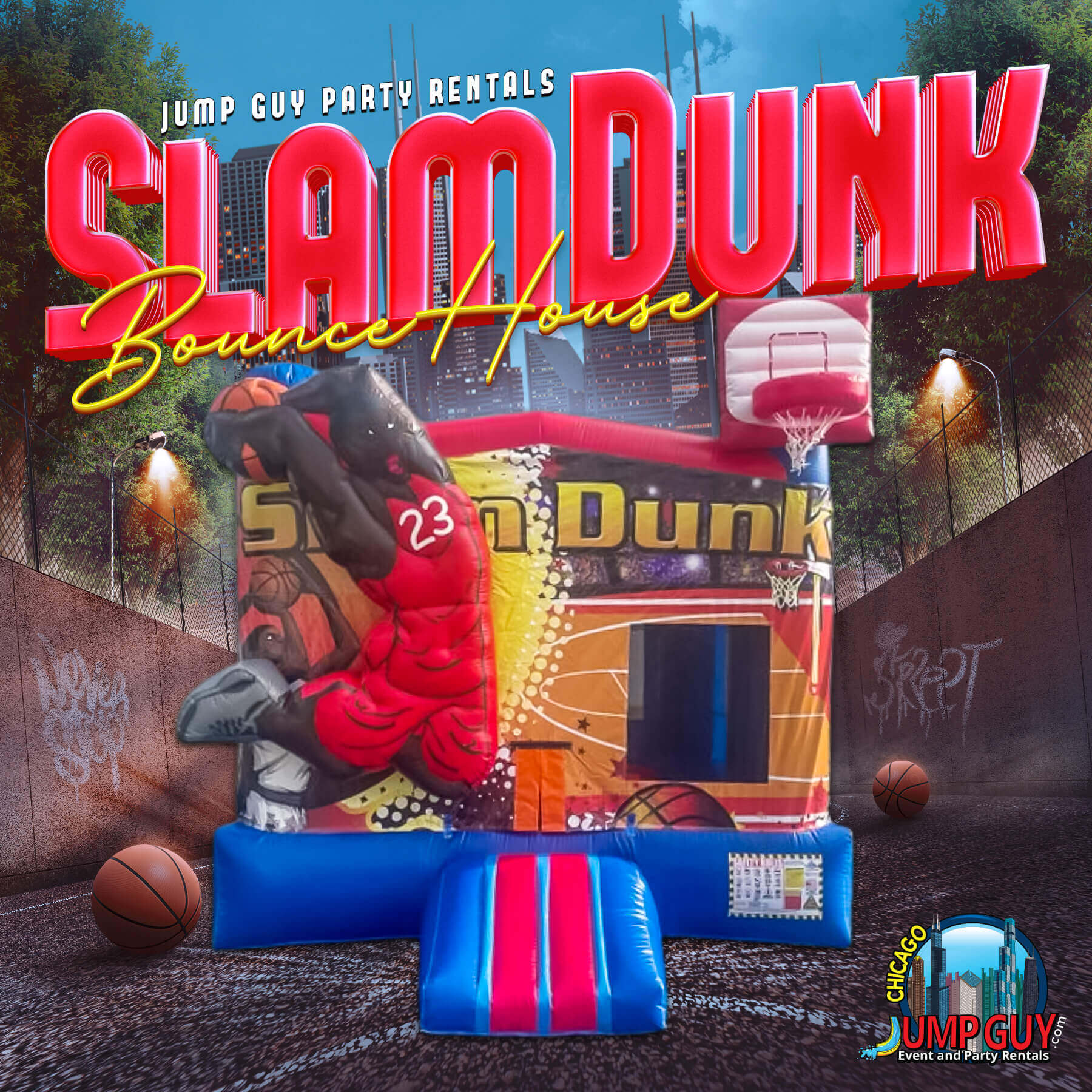 Slam Dunk inflatable basketball sports bounce house rental for Naperville IL birthday parties and school events