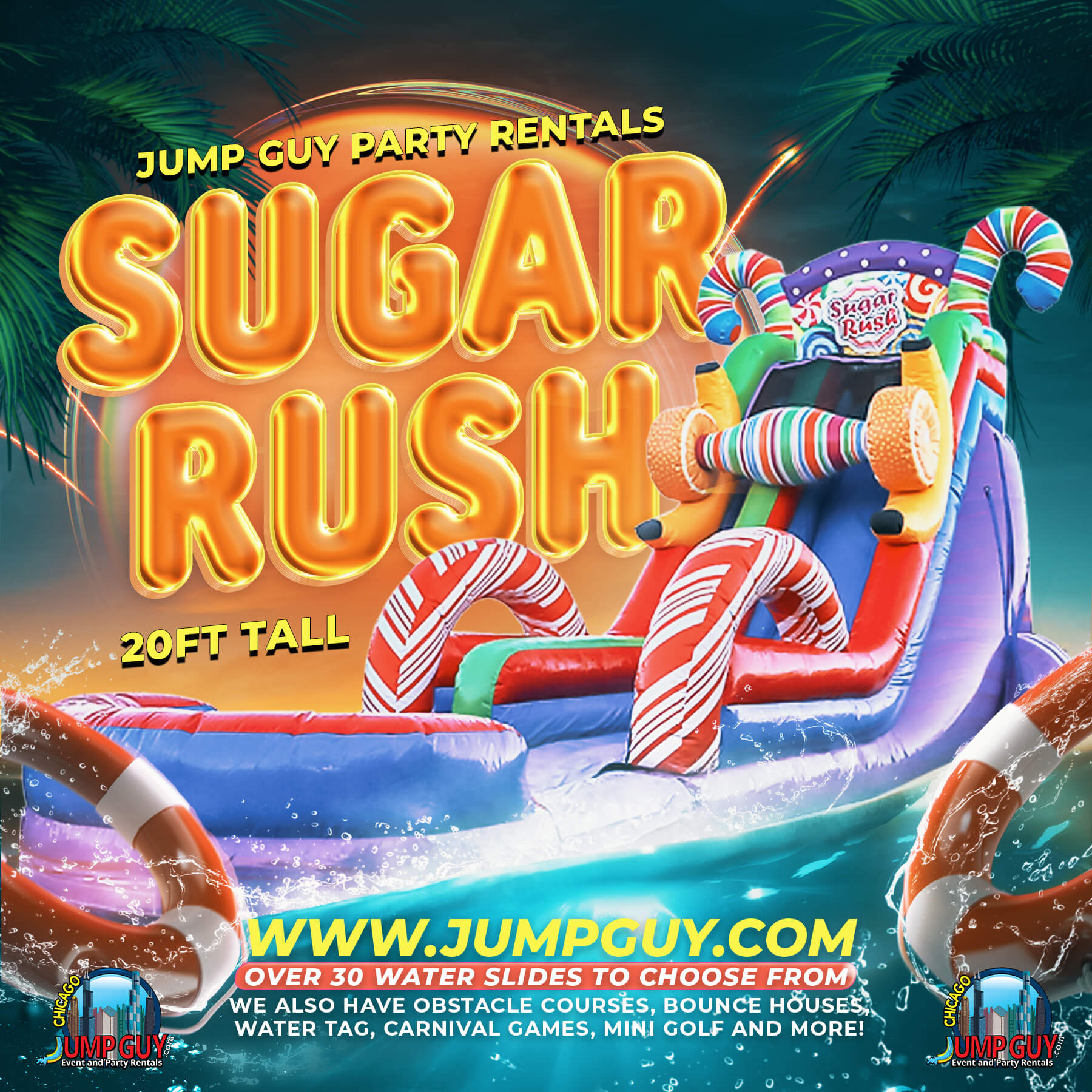Sugar Rush 20ft tall inflatable water slide rental for Naperville IL summer parties and school events