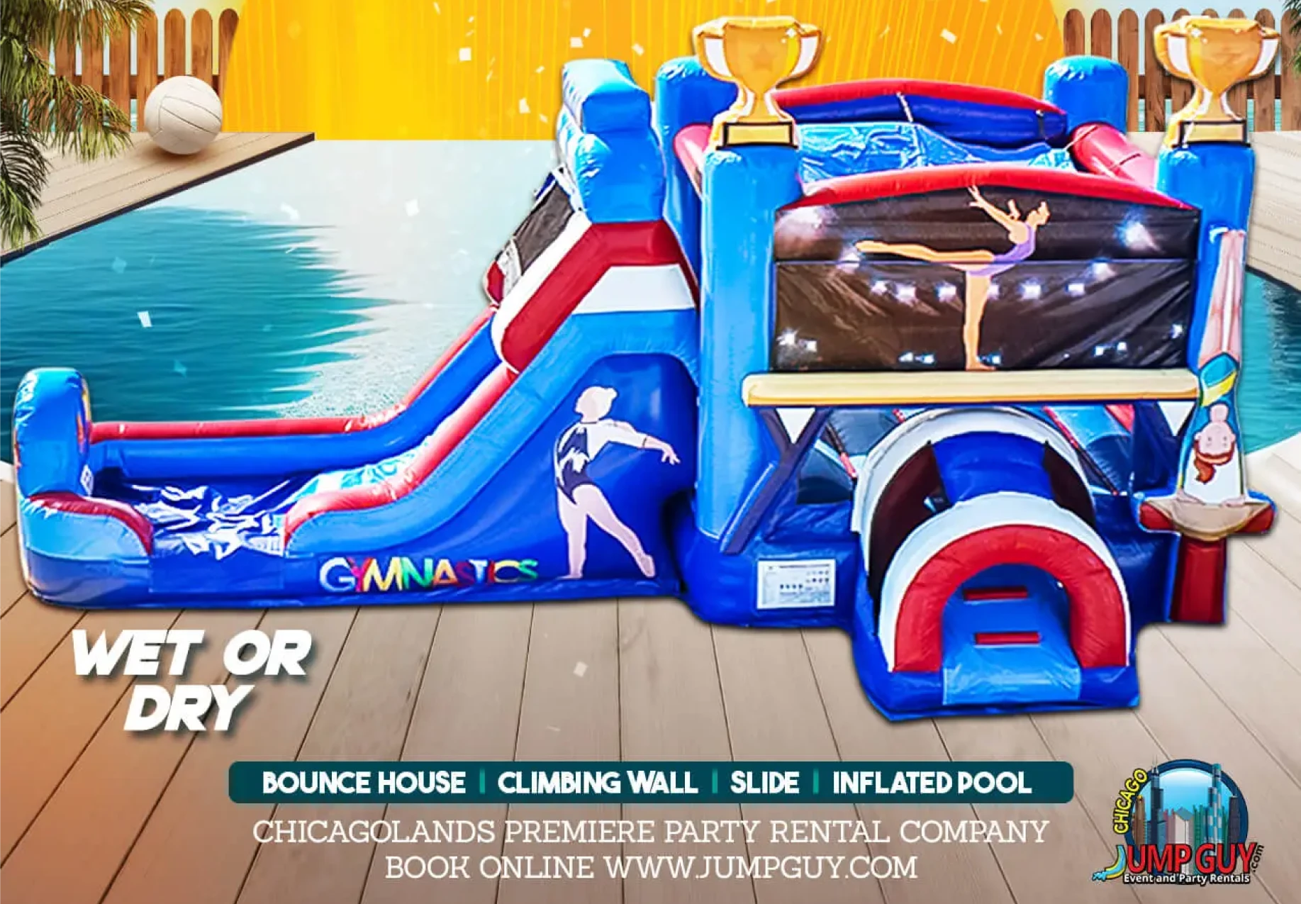 Themed inflatable bounce houses including Disney Princess, sports, and construction designs for Naperville IL parties