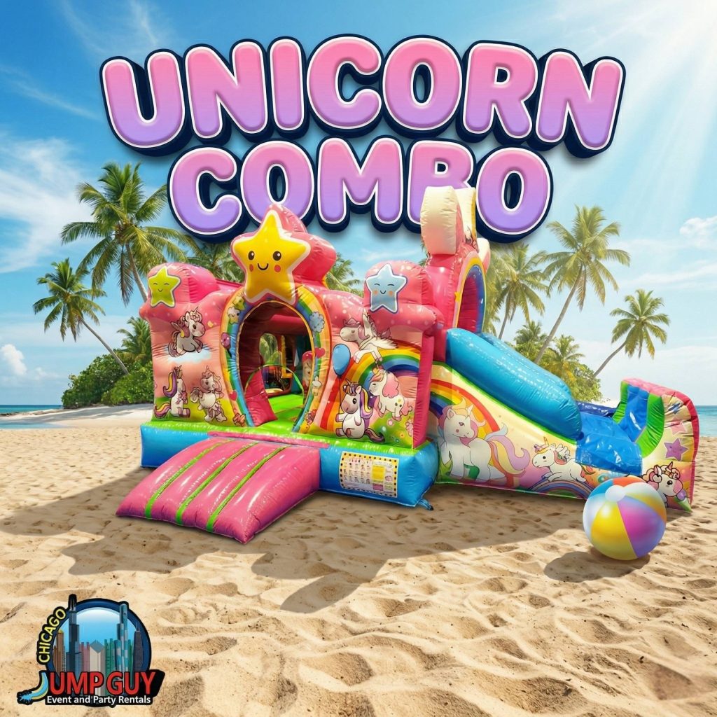 Unicorn bounce house and slide combo inflatable rental for girls birthday parties in Naperville IL 60565