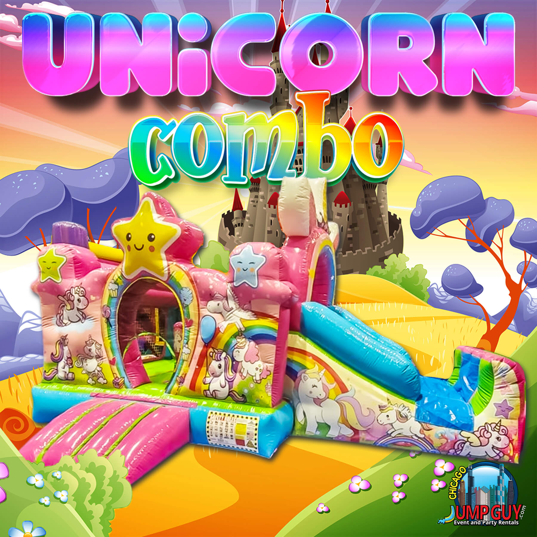 Unicorn bounce house and slide combo inflatable rental for Naperville IL girls birthday parties
