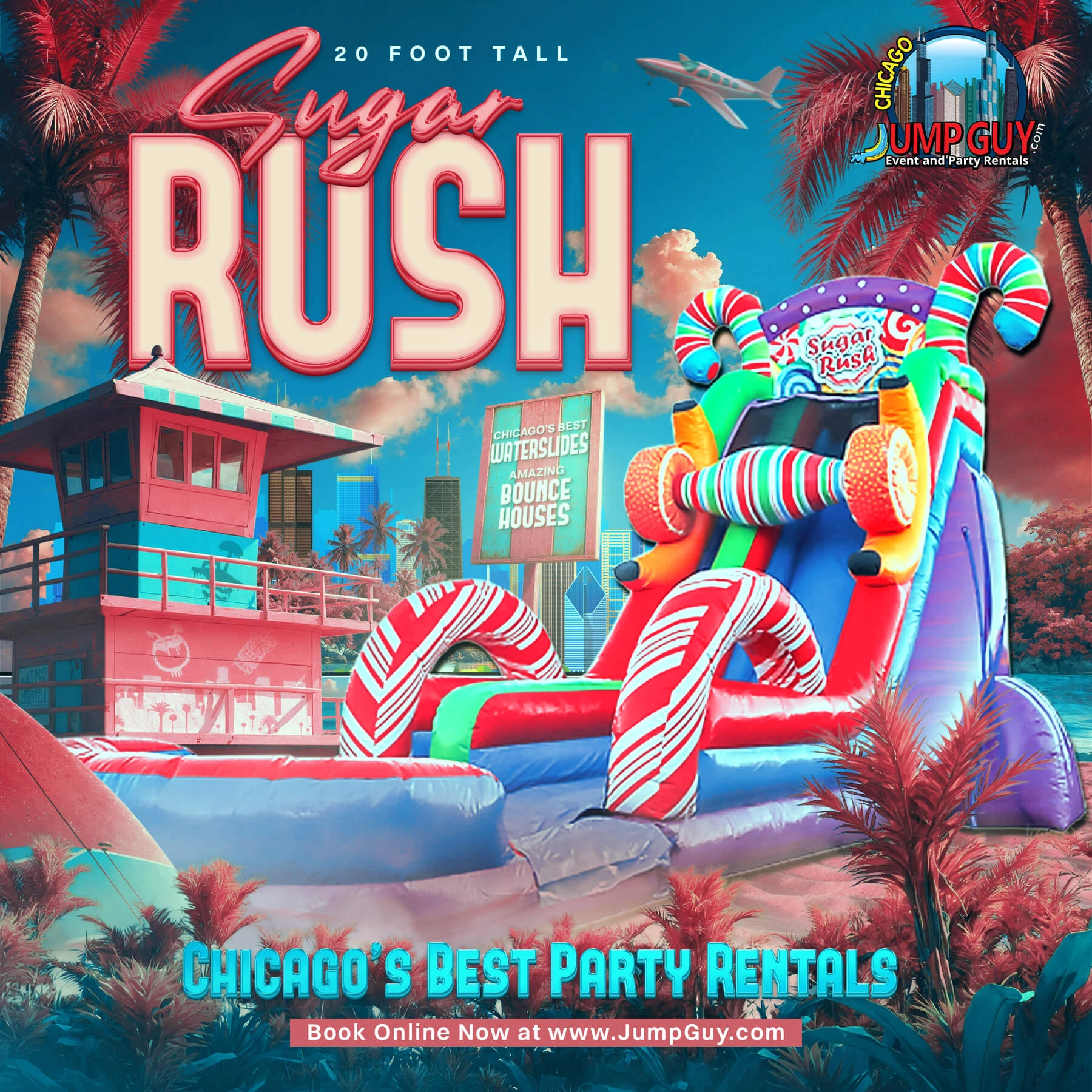 Sugar Rush 20ft tall water slide rental category card for Naperville IL summer events